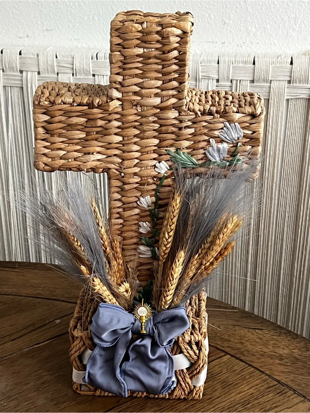 Communion or Baptism Woven Seagrass Decorative Cross with Blue Bow